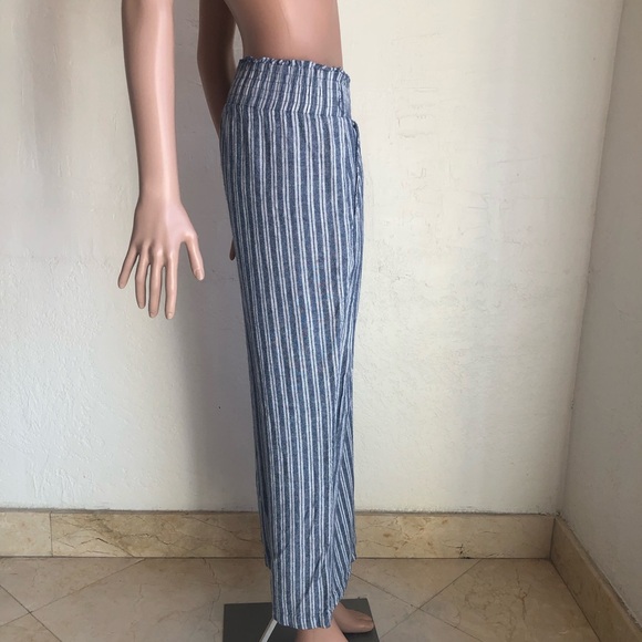 Land’ n Sea Blue/White Striped Elastic Linen Blend Casual Pants Women’s Size L - Picture 3 of 16